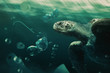 turtle swiming among trash in the ocean / photo composite