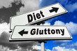  street banners with the inscription diet and gluttony against the sky. The concept of proper nutrition