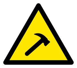 Vector hammer flat warning sign. Triangle icon uses black and yellow colors. Symbol style is a flat hammer hazard sign on a white background. Icons designed for careful signals, road signs,