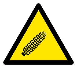 Vector corn flat warning sign. Triangle icon uses black and yellow colors. Symbol style is a flat corn hazard sign on a white background. Icons designed for caution signals, road signs,