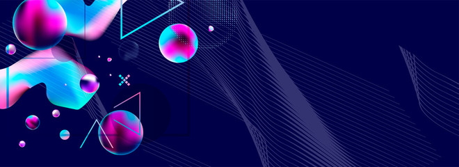Wall Mural - Dark retro futuristic art neon abstraction background cosmos new art 3d starry sky glowing galaxy and planets blue circles