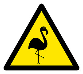 Vector flamingo flat warning sign. Triangle icon uses black and yellow colors. Symbol style is a flat flamingo hazard sign on a white background. Icons designed for careful signals, road signs,