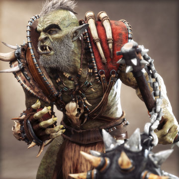 Seasoned bearded savage Orc Brute warrior wearing traditional armor. Fantasy themed character holding a flail spiked weapon with depth of field. 3d Rendering