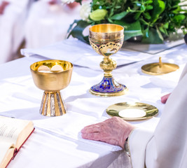 Wall Mural - hands of Pope Francis with host and chalice with wine in the churches of the world