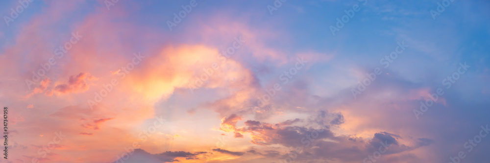 Twilight panorama sky background with colorful cloud in dusk. Panoramic image. - obrazy, fototapety, plakaty 