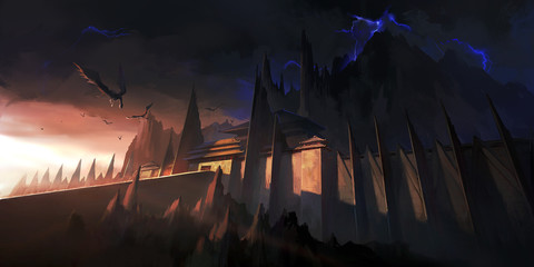 Eerie dark castle, digital illustration.