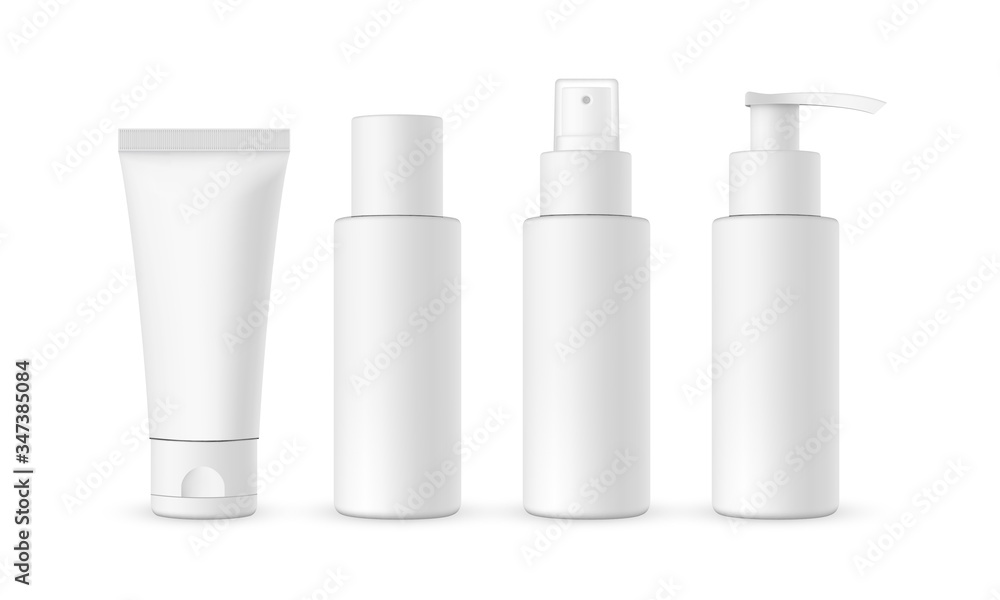 Blank cosmetic packaging mockup: tube, spray, bottle with press pump. Vector illustration - obrazy, fototapety, plakaty 