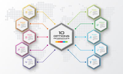 Hexagon business infographics template with 10 options in white color background