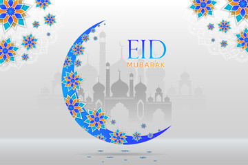 Eid Mubarak Background Greeting and Wishes with Beautiful Floral Moon and Masjid.