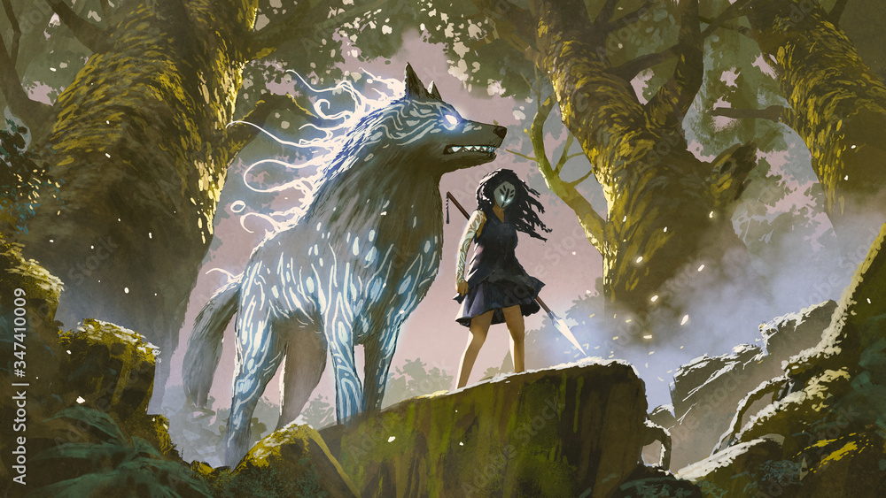 wild girl with her wolf standing in the forest, digital art style, illustration painting - obrazy, fototapety, plakaty 