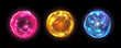 © Sensvector - Energy balls and plasma sphere, vector electric lightning and light flash sparks. Magic lightning discharge, red pin, blue purple and golden yellow color realistic energy balls, electric light burst