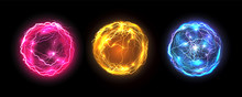 Energy Balls And Plasma Sphere, Vector Electric Lightning And Light Flash Sparks. Magic Lightning Discharge, Red Pin, Blue Purple And Golden Yellow Color Realistic Energy Balls, Electric Light Burst