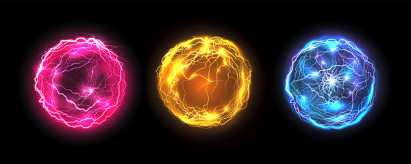Energy balls and plasma sphere, vector electric lightning and light flash sparks. Magic lightning discharge, red pin, blue purple and golden yellow color realistic energy balls, electric light burst