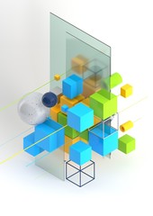 Wall Mural - Abstract 3d render visualization background, template modern composition of geometric shapes in isometric . Cube, sphere, cylinder, line.