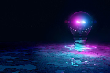 Poster - Lightbulb illuminating reflecting floor with blue and pink neon light 3D rendering