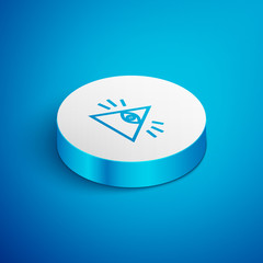 Sticker - Isometric line Masons symbol All-seeing eye of God icon isolated on blue background. The eye of Providence in the triangle. White circle button. Vector Illustration