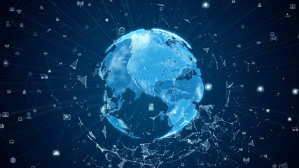 Digital data network connections with icon and global communication. 5g high-speed connection data analysis. Technology data binary code network conveying connectivity on blue background concept.
