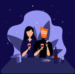 Wall Mural - Romantic couple sitting in cafe. Man and woman in a restaurant. Vector illustration