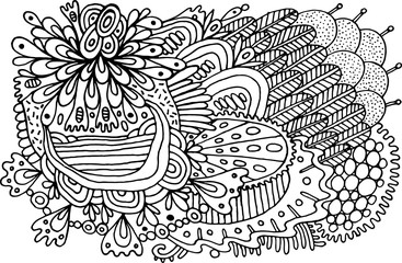 Wall Mural - Black and white doodle pattern. Coloring page with floral organic ornament. Psychedelic texture. Vector illustration