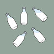 Freehand doodle sketch vector illustration of three old-fashioned glass bottles with milk or kefir in different positions straight tilted to right and left. Healthy nutrient rich diet