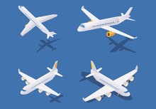Isometric Passenger Airplanes During Take-off, In Flight And On Ground. Vector Concept Collection Isolated On Blue Background With Shadows