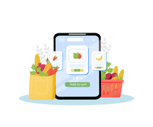 Greengrocery Online Ordering Flat Concept Vector Illustration. Vegetables And Fruits Store, Fresh Organic Produce Delivery Service. Internet Grocery Mobile Application Creative Idea