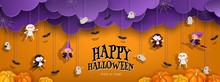 Halloween Banner With Witch, Vampire, Ghost, Bat, Pumpkin In Papercut