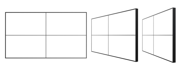 A Set of 2 x 2 Video Walls MockUp. Angle View of a 4 TV Panels Isolated on a White Background. 3D Render.