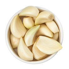 Garlic Cloves In Bowl From Top Isolated On White Background Including Clipping Path