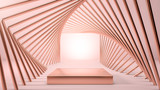 Fototapeta Perspektywa 3d - Abstract image of golden stage, podium or pedestal in geometrical golden tunnel over pink backgorund. .Cosmetics and fashion image. 3d render