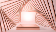Abstract Image Of Golden Stage, Podium Or Pedestal In Geometrical Golden Tunnel Over Pink Backgorund. .Cosmetics And Fashion Image. 3d Render
