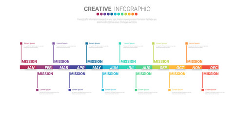 Timeline for 1 year, 12 months, infographics month planner design vector 12 steps and Presentation business can be used for Business concept with 12 options, steps or processes. 