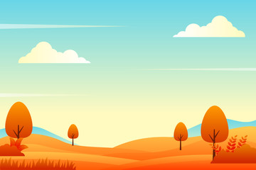 Wall Mural - Panoramic countryside in autumn season vector illustration with some trees and orange meadow. Fall landscape background