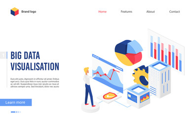 Aufkleber - Isometric big data analysis vector illustration. Website interface 3d design with cartoon financial analyst character working on research finance statistics, analyzing business graphs and data charts