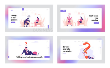  Psychological Consultation, Doubts and Questions Landing Page Template Set. Doctor Psychologist Talking with Patient of Mind Problem. Tiny Characters at Huge Question Mark. Cartoon Vector Illustration