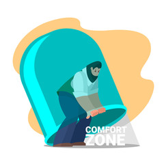 Sticker - Cartoon Color Character Person Male and Exit from Comfort Zone Concept. Vector