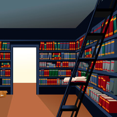 Canvas Print - Cartoon Color Library with Book Shelves Interior Inside Concept. Vector