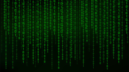 Green matrix background. stream of binary code. Falling numbers on dark backdrop. Digital computer code. Coding and hacking. Vector illustration.