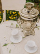Decoration table in the spring garden with vintage samovar. Tea-urn on the white table with caps and flowers