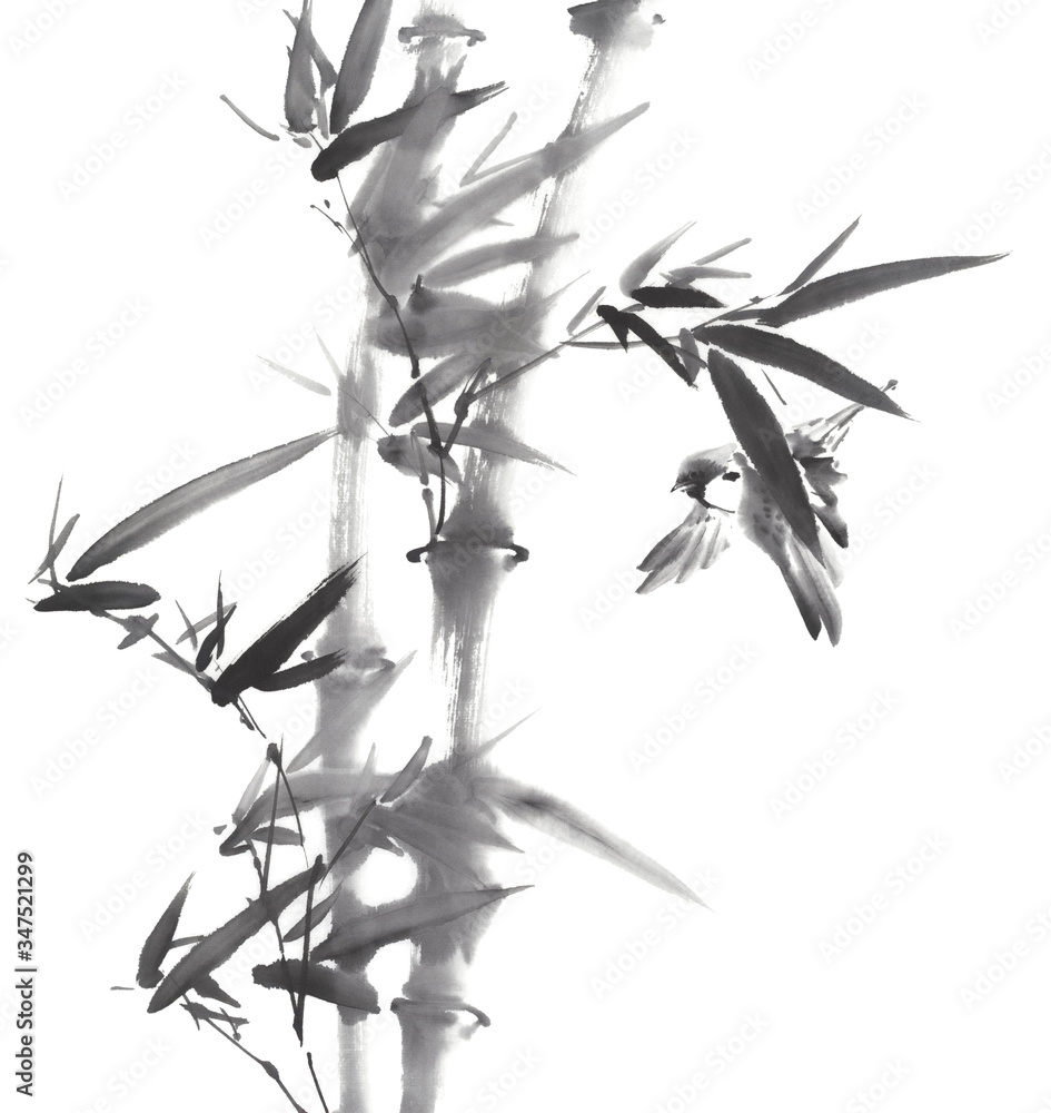 紙本 水墨 水墨画 掛軸 竹 雀 掛け軸 竹に雀 (井上秀城) 【掛軸】【一間床・半間床】【花鳥画