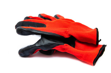 Gloves for workers, construction red with black rubber coating. Black-red gloves. Gloves on a white background, palm up, down. Glove on  glove