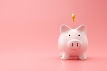 Piggy Bank And Golden Coin On Pink Background With Saving Money Concept. Financial Planning For The Future. 3D Rendering.
