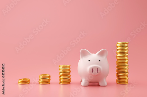 Fotomural Piggy bank and golden stack coins of growing graph on pink background with saving money concept
