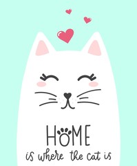 Wall Mural - Cute kitty with hearts decorations and lettering vector illustration. Domestic animal with handwritten text flat style. Inspiration concept. Isolated on blue background