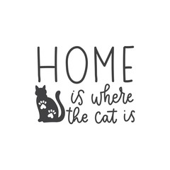 Wall Mural - Cute inspirational card with handwritten lettering vector illustration. Sweet black cat with little paws print flat style. Domestic animal. Isolated on white background