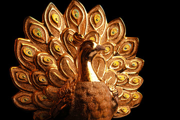  golden peacock statue isolated on dark background.