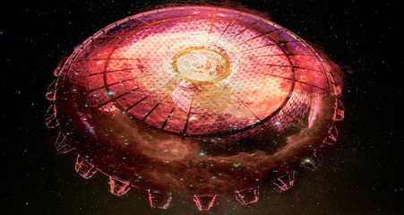 Wall Mural - red unidentified flying object ufo in outer space. science fiction image concept of ufology and life