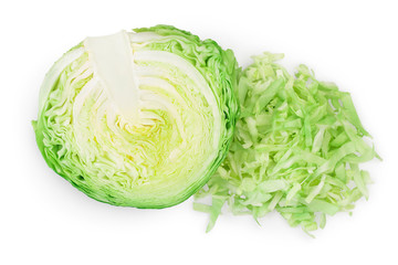 Wall Mural - Green cabbage half isolated on white background with clipping path and full depth of field. Top view. Flat lay.