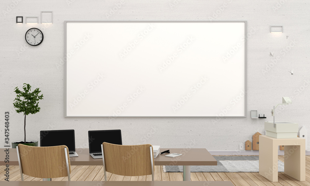 Classroom interior with big whiteboard for mockup, 3D rendering - obrazy, fototapety, plakaty 
