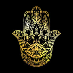 Wall Mural - Ornate hand drawn hamsa. Popular Arabic and Jewish amulet in gold and black. Vector illustration.